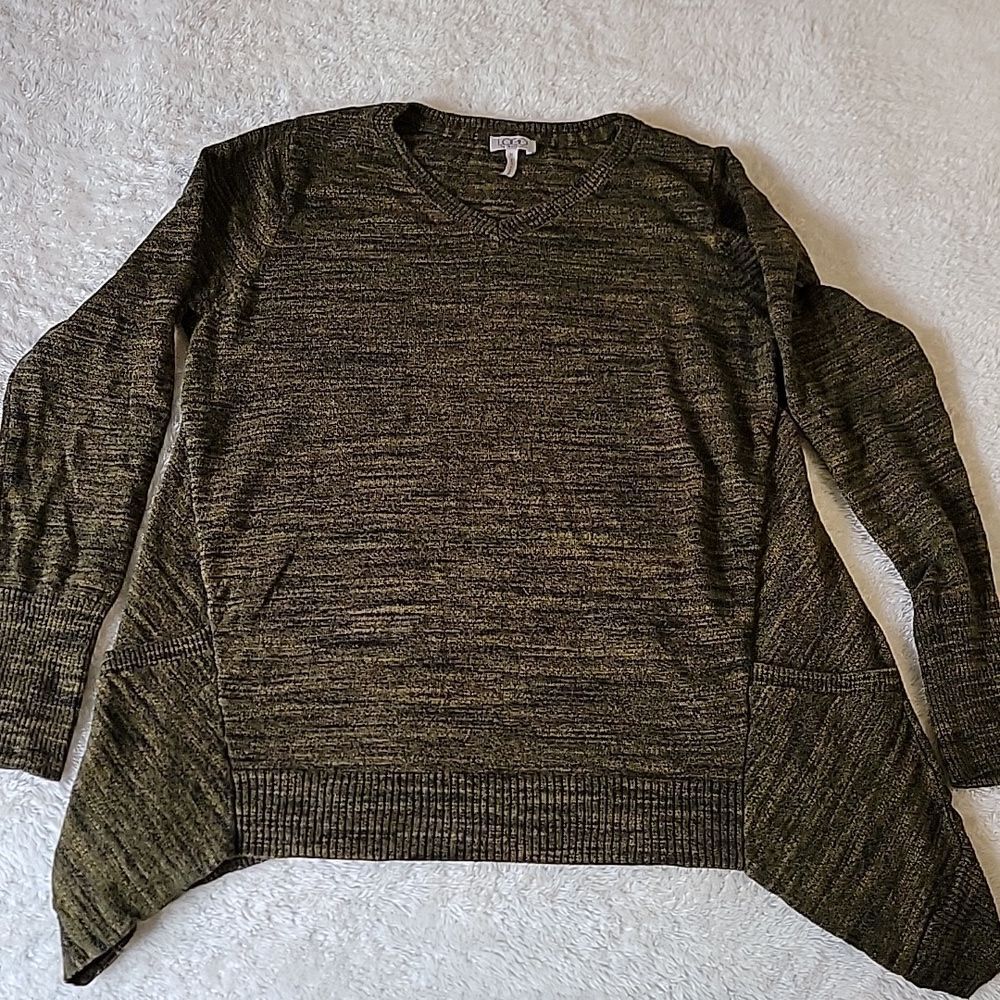 LOGO by Lori Goldstein V-neck cotton cashmere sweater melange green asymmetric M